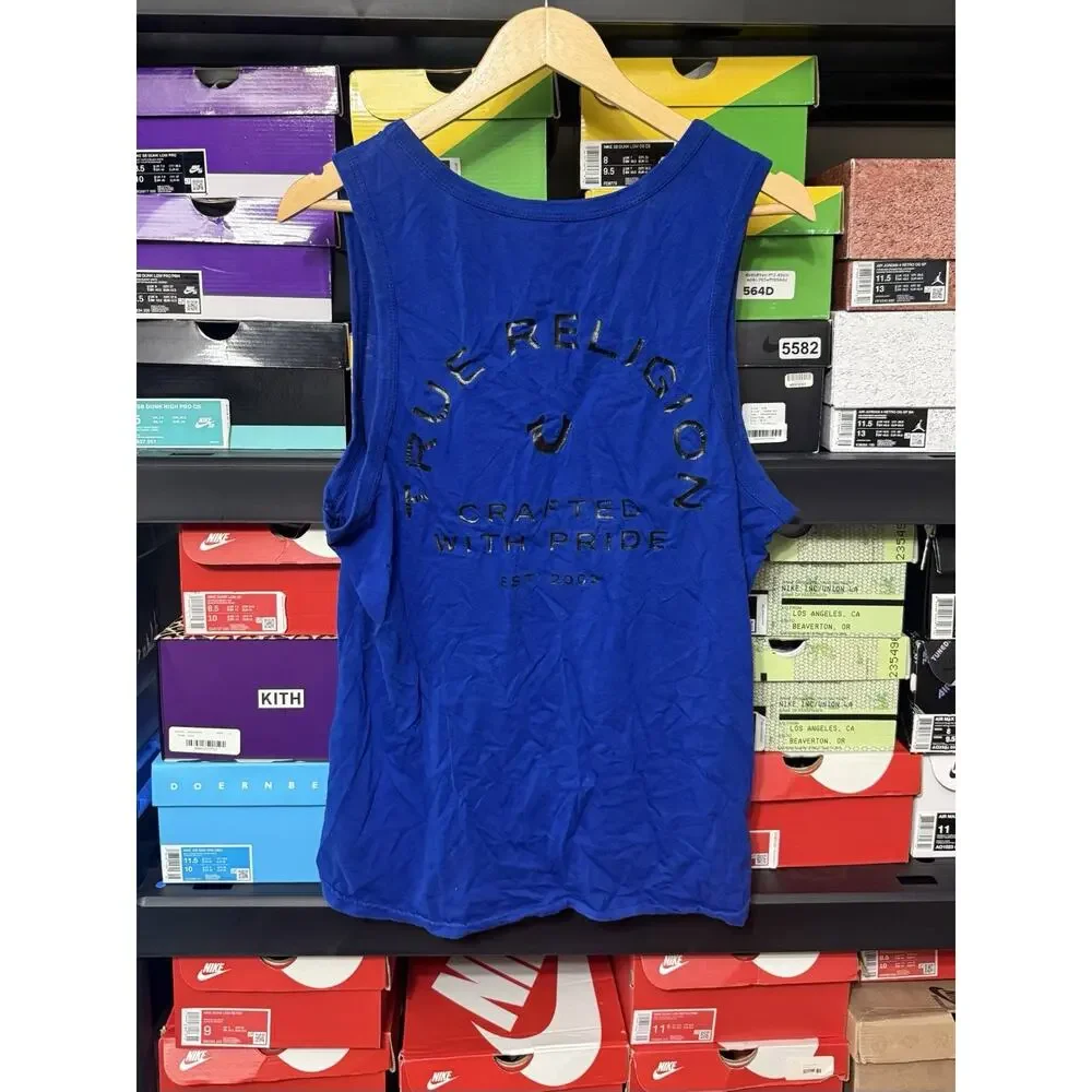 True Religion Sleeveless T-Shirt Blue Black Tank Top Logo Men Size Medium
